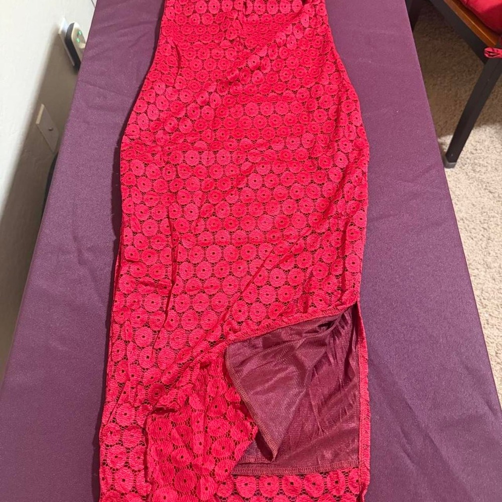 Temu Red Lace Maxi Dress Ruffled Sleeve Formal Evening Slit LYQ-042-WDW-4S XS